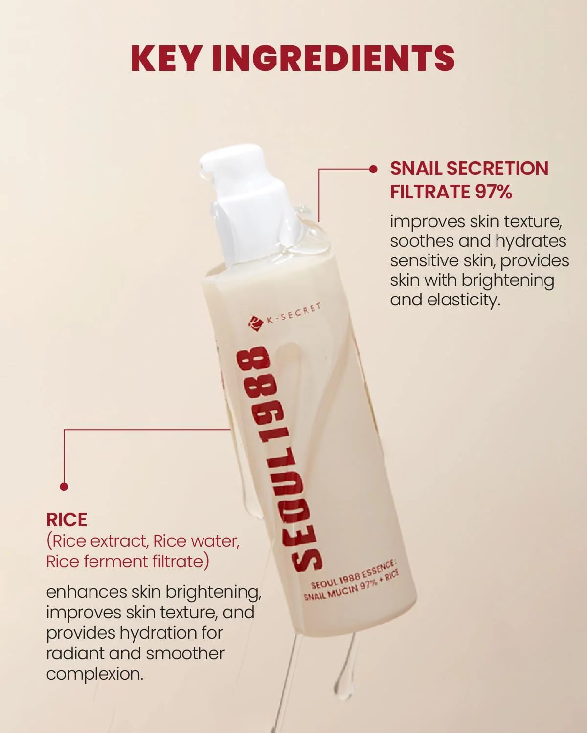 K-Secret Seoul 1988 Essence: Snail Mucin 97% + Rice 100ml - Image 3