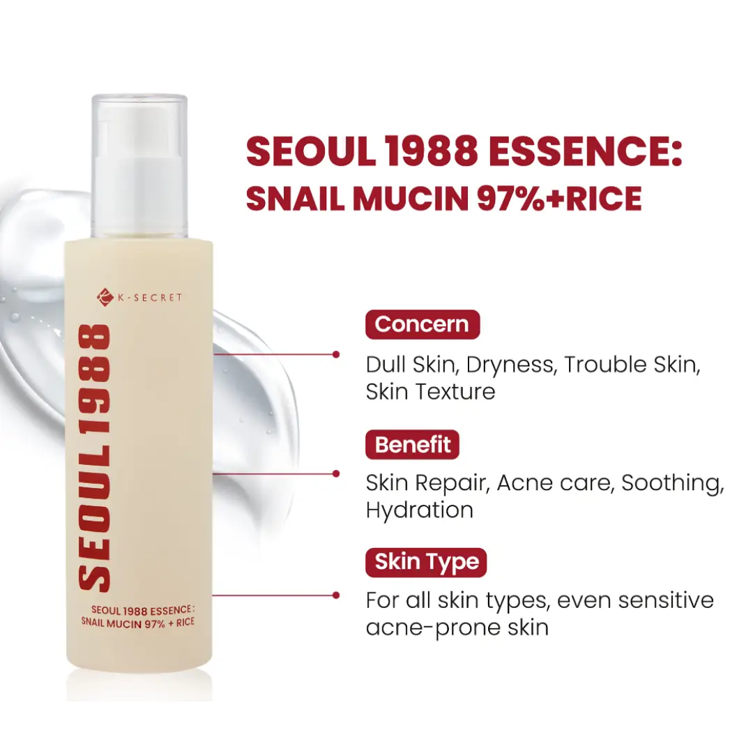 K-Secret Seoul 1988 Essence: Snail Mucin 97% + Rice 100ml - Image 4